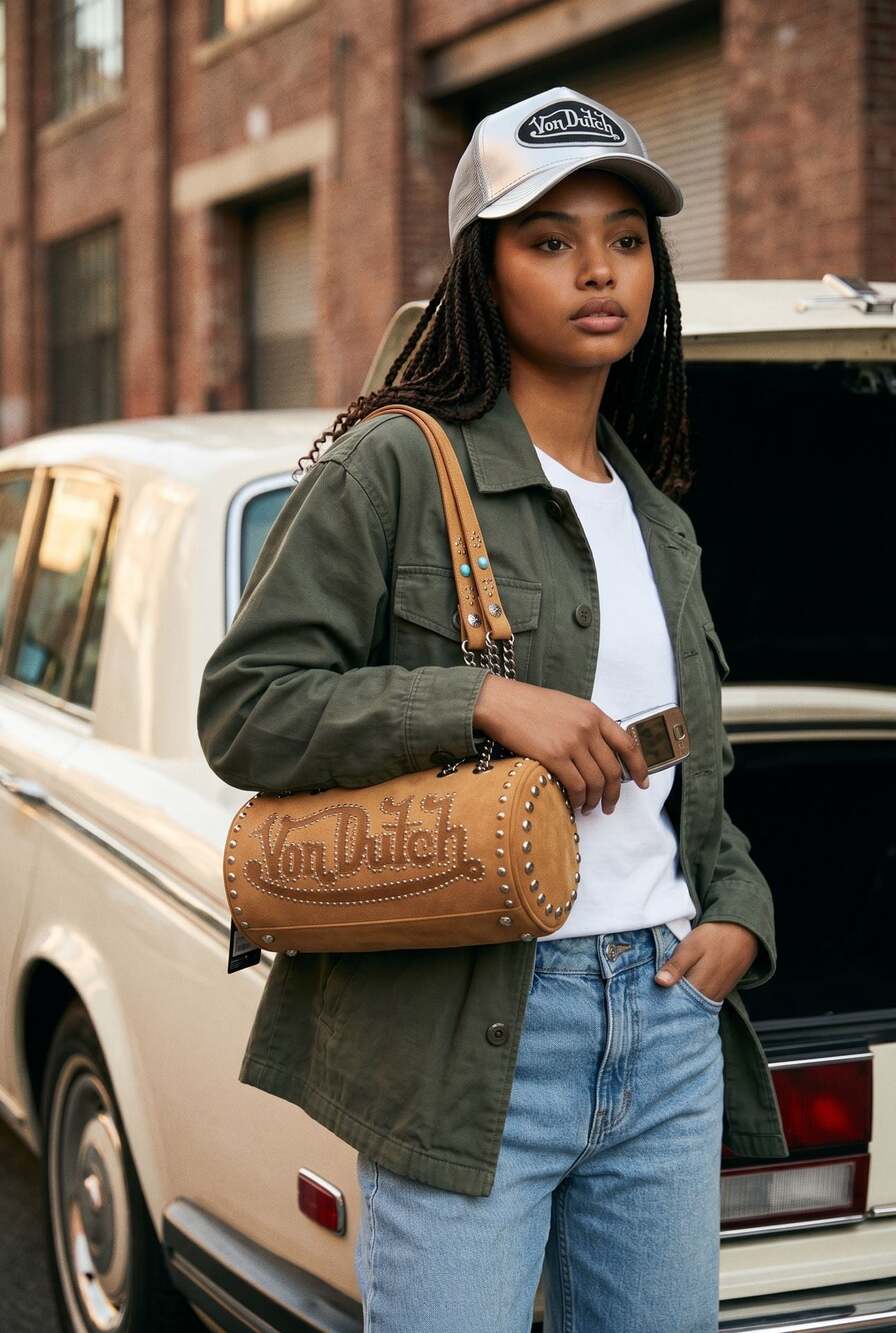 Von Dutch Brown Studded Long Barrel Bag